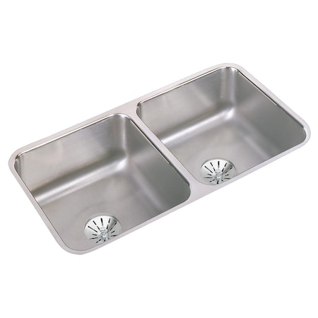Elkay Lustertone Stainless Steel 31-3/4 X 16-1/2 X 7-1/2 Equal Double Bowl Undermount Sink W/Perfect Drain ELUH3116PD